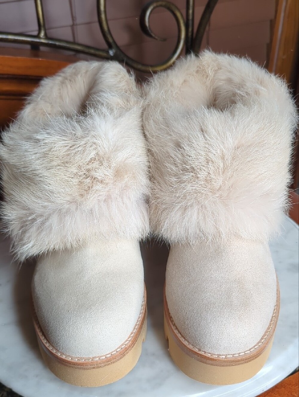 Rachel Zoe Cream Genuine Rabbit Fur Cuff Winter Boots - Picture 9 of 17